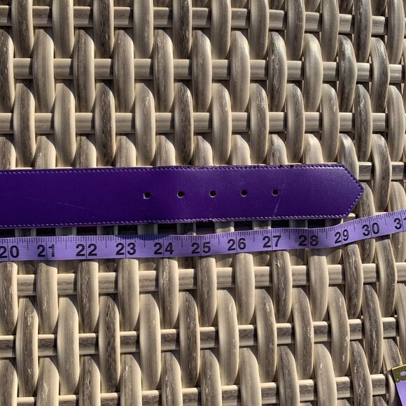 Vintage Purple Leather Statement Gold Buckle Retro 80s 90s Glam Waist Belt - Picture 10 of 13